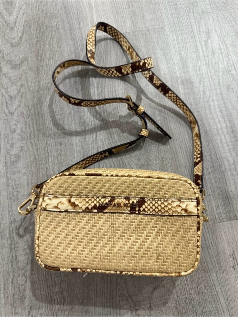 Michael Kors Beige Woven Crossbody with Snake-Print Trim